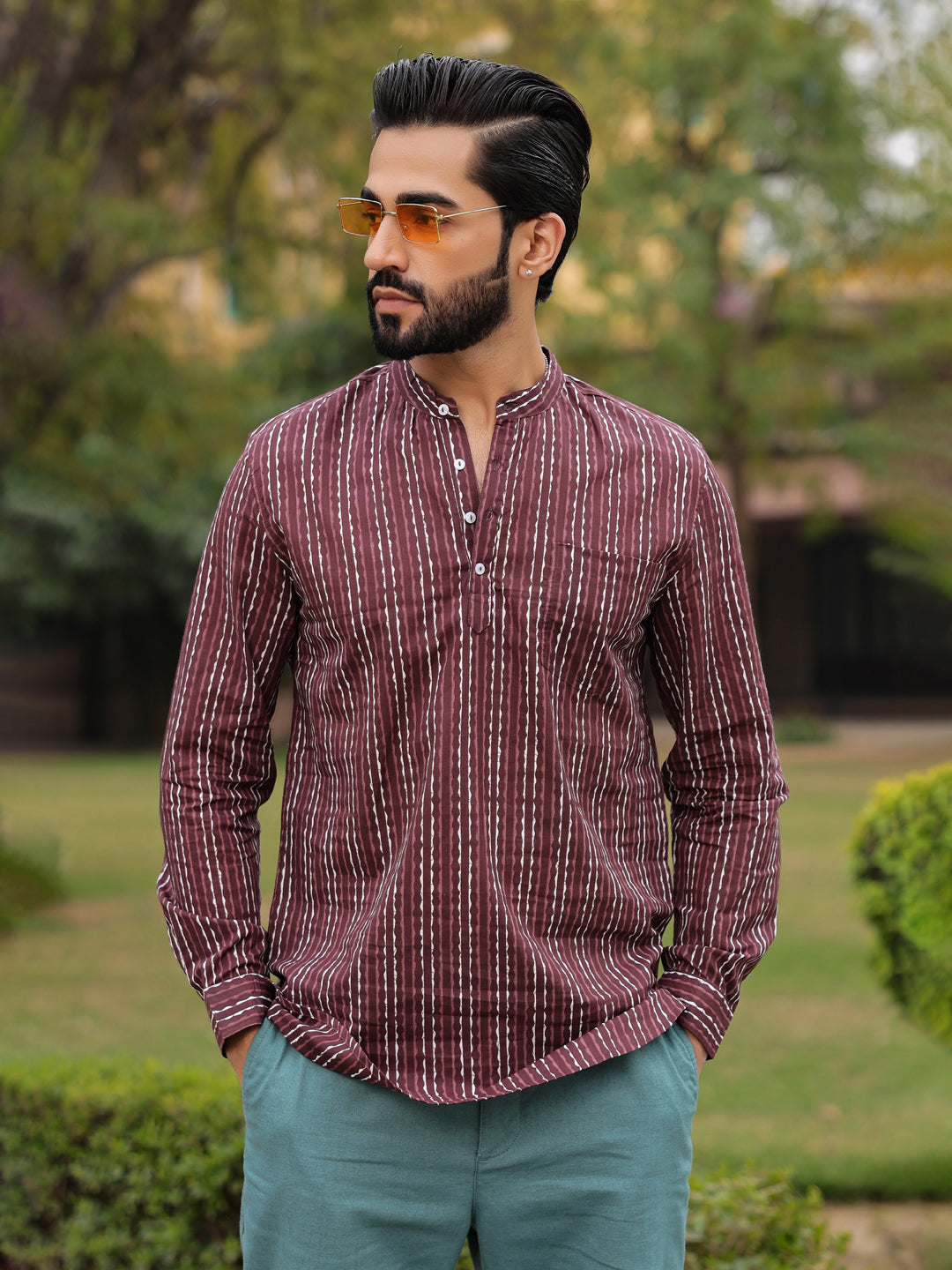 Men's Striped Pure Cotton Brown Printed Kurta