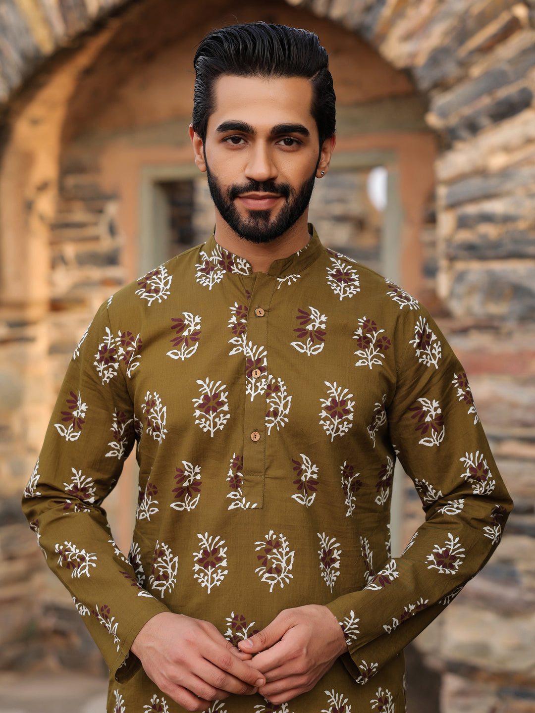 Men's Ethnic Motifs Pure Cotton Olive Printed Kurta