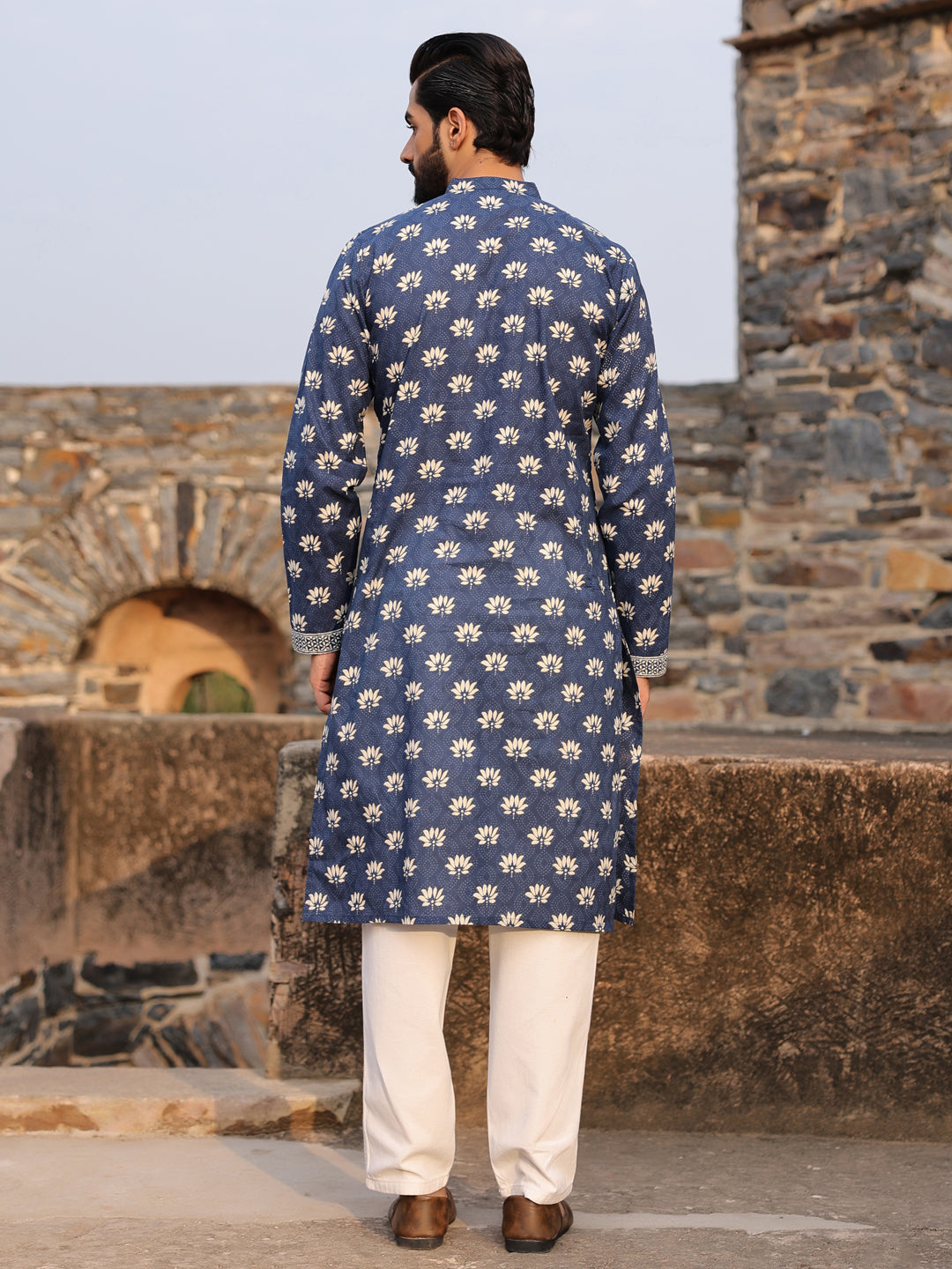 Men's Ethnic Motifs Pure Cotton Navy Blue Printed Kurta