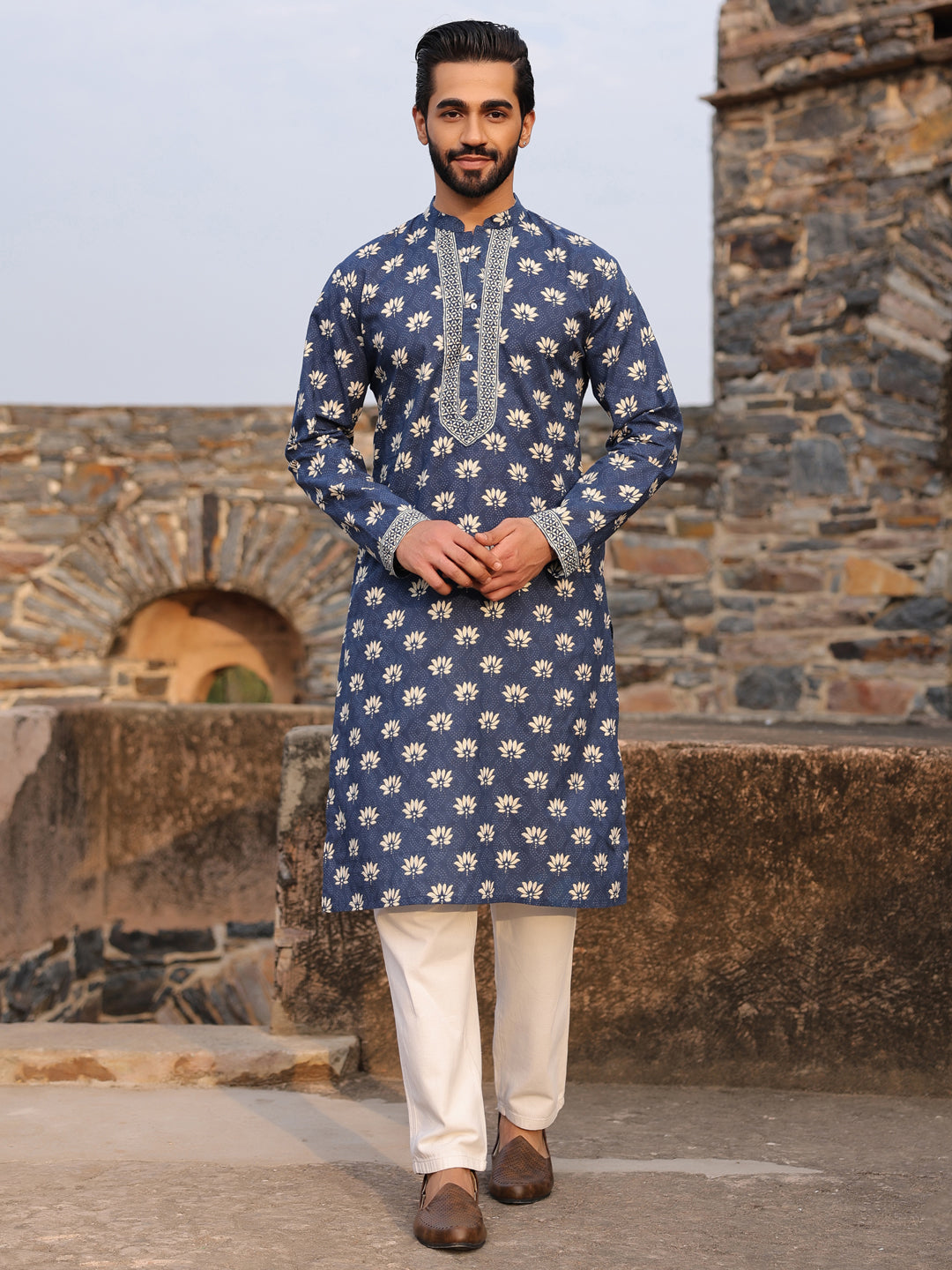 Men's Ethnic Motifs Pure Cotton Navy Blue Printed Kurta