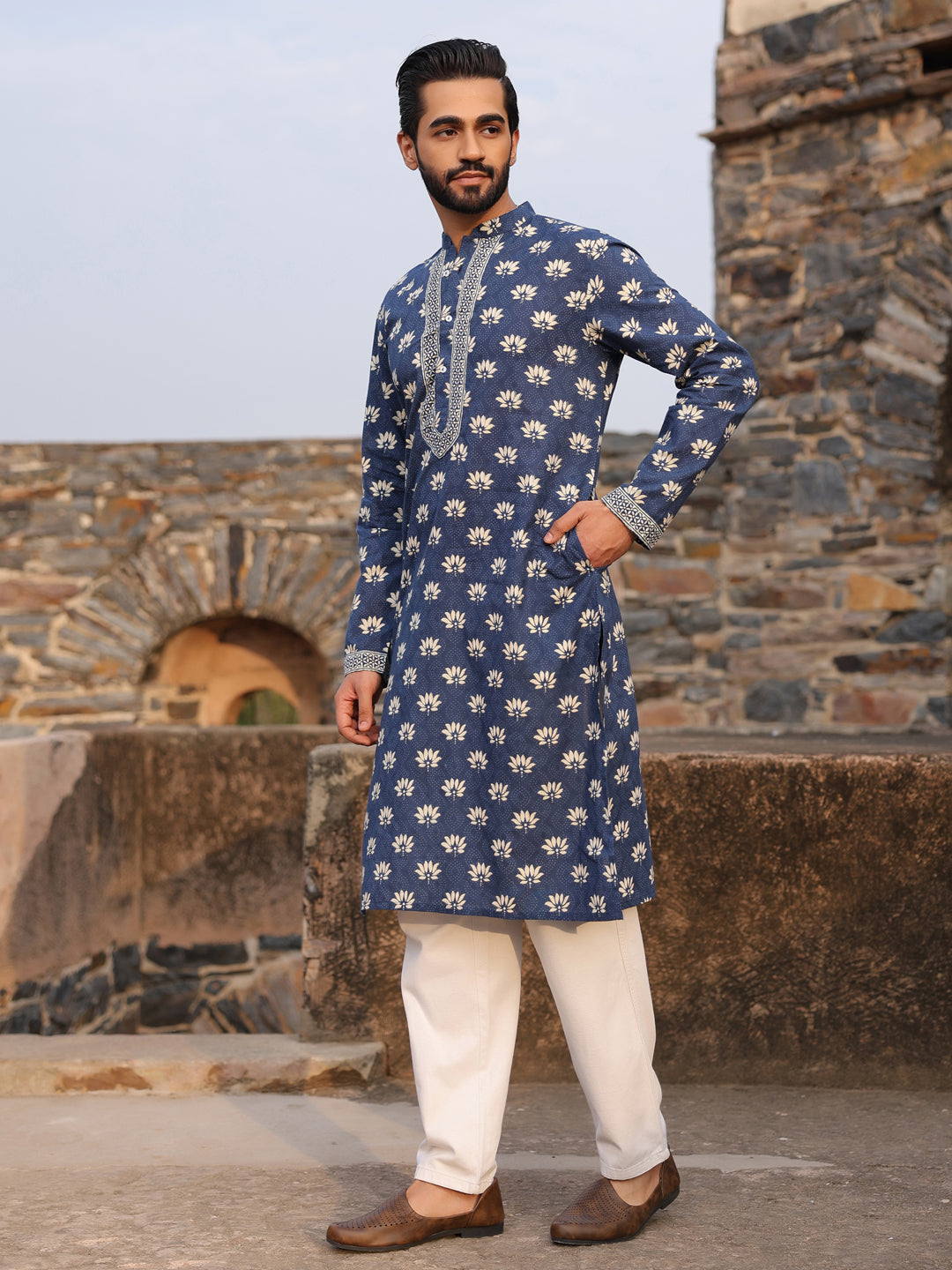 Men's Ethnic Motifs Pure Cotton Navy Blue Printed Kurta