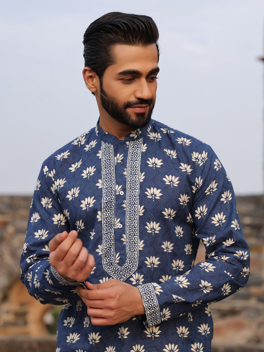 Men's Ethnic Motifs Pure Cotton Navy Blue Printed Kurta