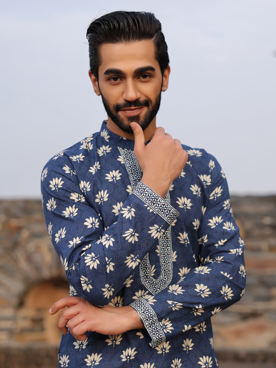 Men's Ethnic Motifs Pure Cotton Navy Blue Printed Kurta