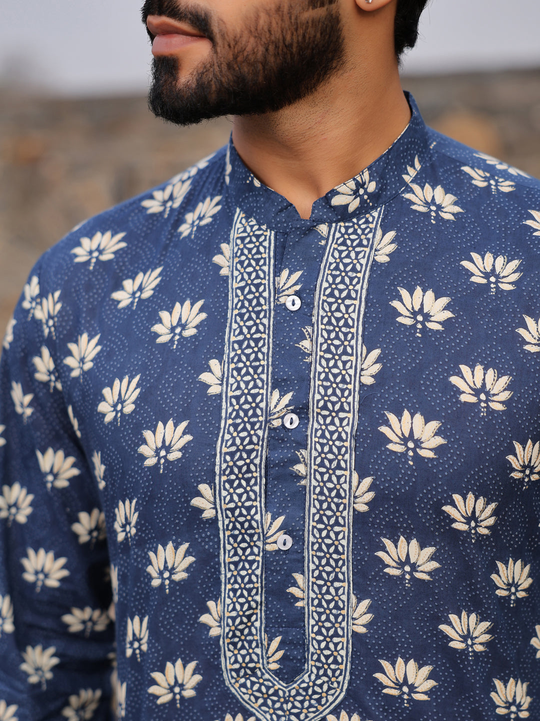 Men's Ethnic Motifs Pure Cotton Navy Blue Printed Kurta