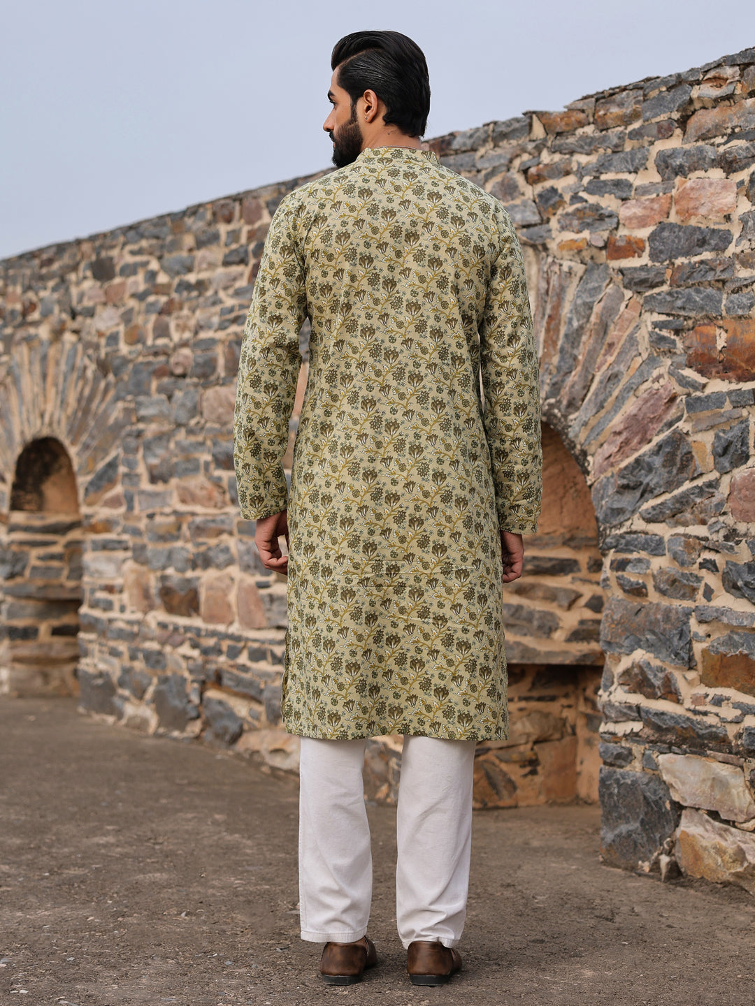 Men's Floral Pure Cotton Pista Green Printed Kurta