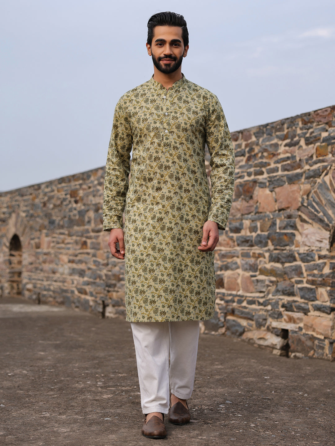 Men's Floral Pure Cotton Pista Green Printed Kurta