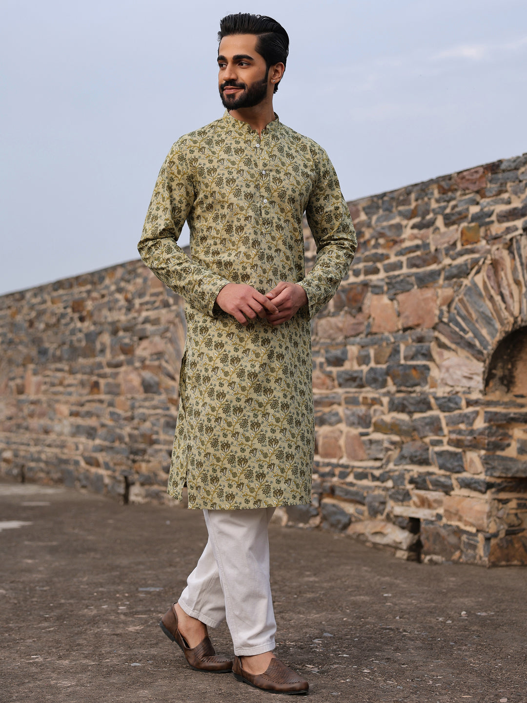 Men's Floral Pure Cotton Pista Green Printed Kurta