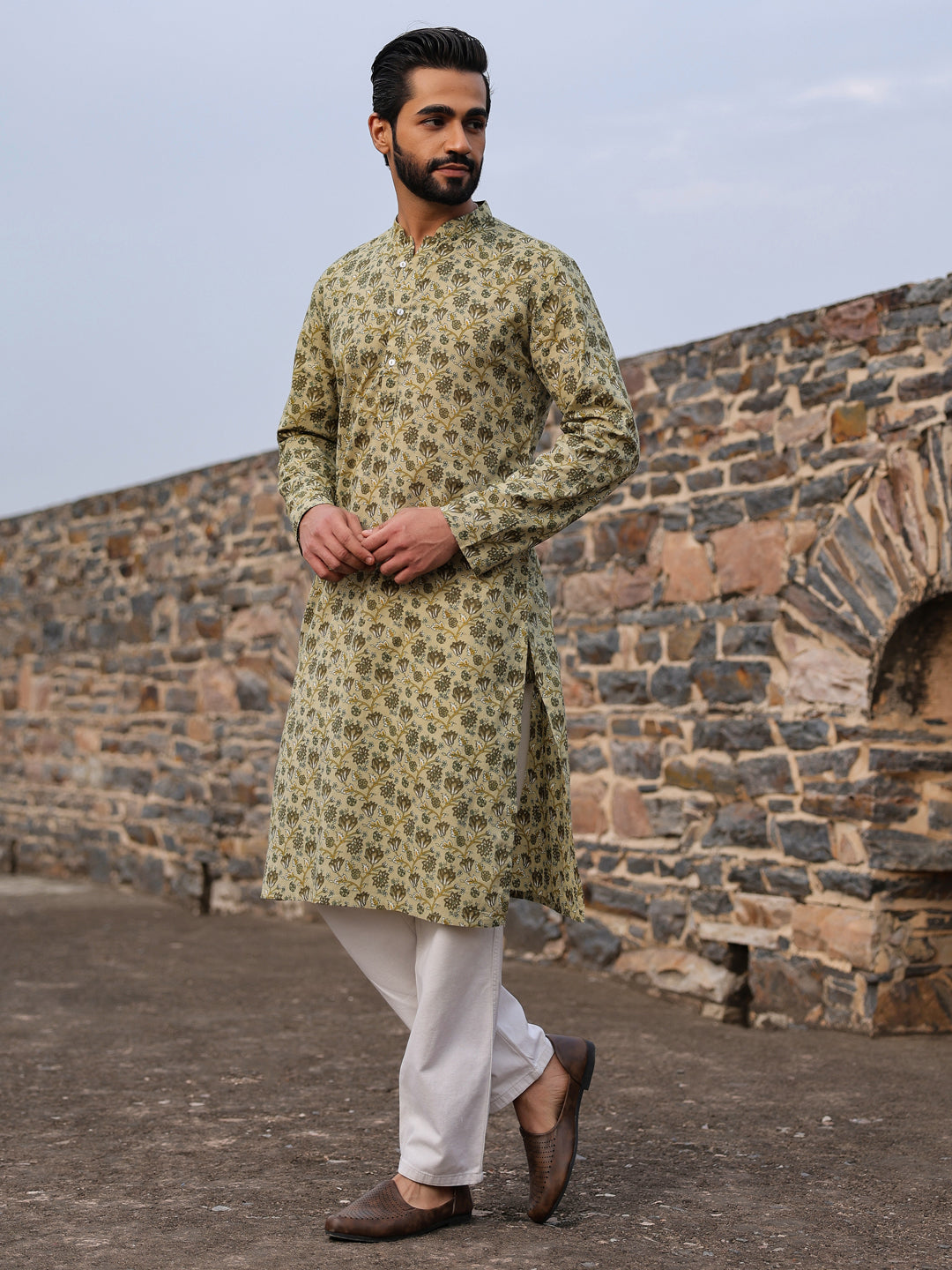 Men's Floral Pure Cotton Pista Green Printed Kurta