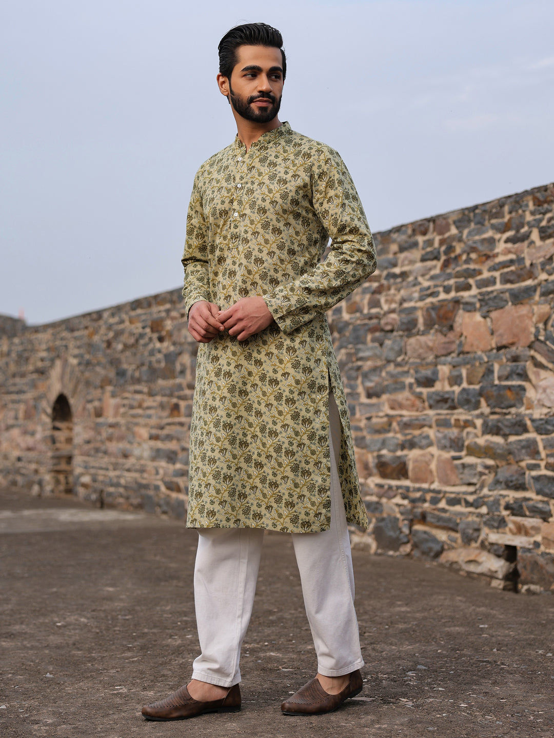 Men's Floral Pure Cotton Pista Green Printed Kurta