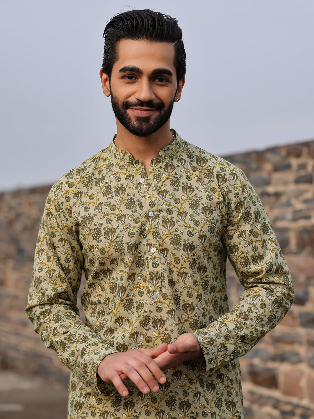 Men's Floral Pure Cotton Pista Green Printed Kurta