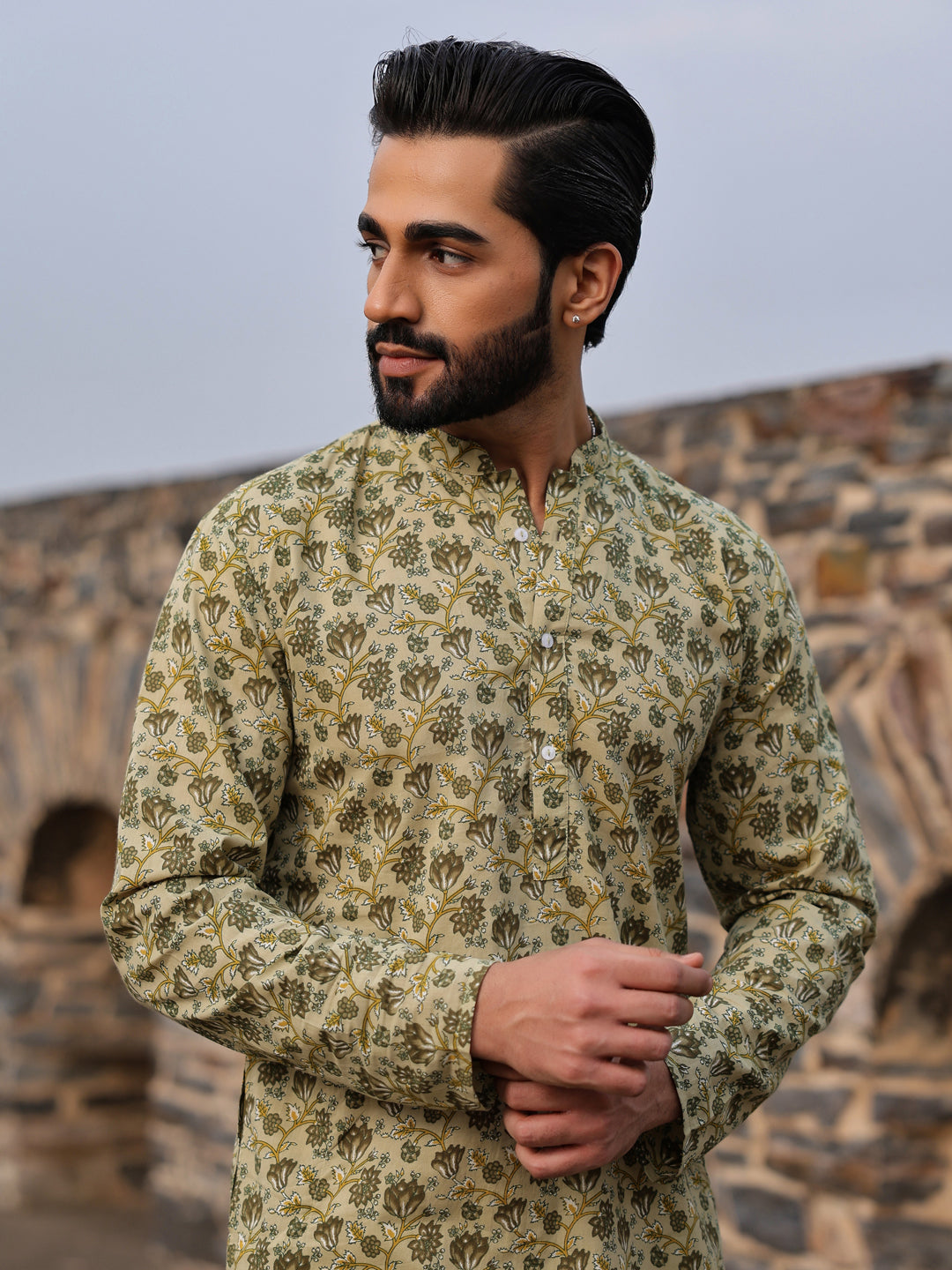 Men's Floral Pure Cotton Pista Green Printed Kurta