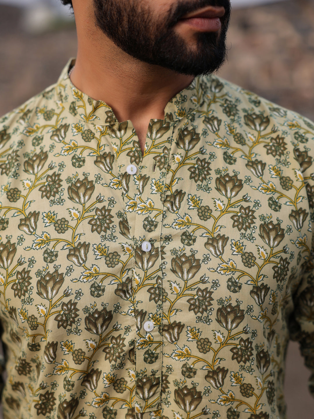 Men's Floral Pure Cotton Pista Green Printed Kurta