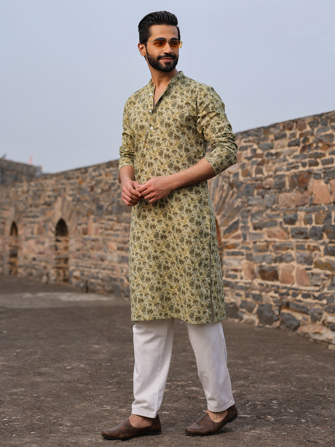 Men's Floral Pure Cotton Pista Green Printed Kurta