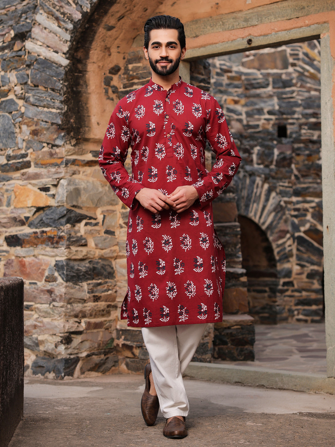 Men's Ethnic Motifs Pure Cotton Maroon Printed Kurta