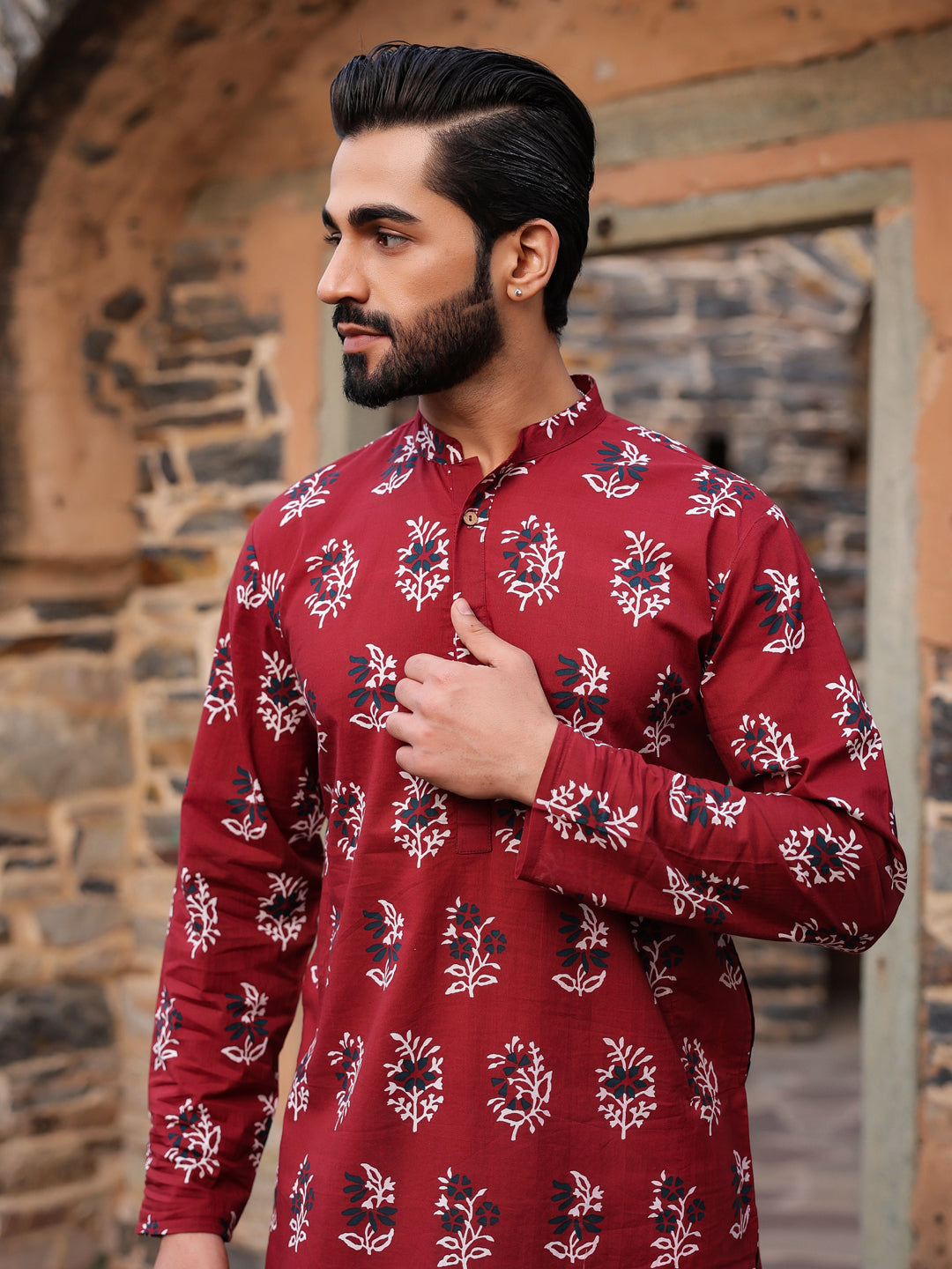 Men's Ethnic Motifs Pure Cotton Maroon Printed Kurta