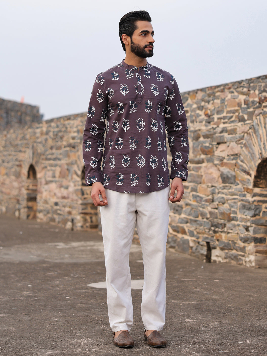 Men's Ethnic Motifs Pure Cotton Dark Grey Printed Kurta