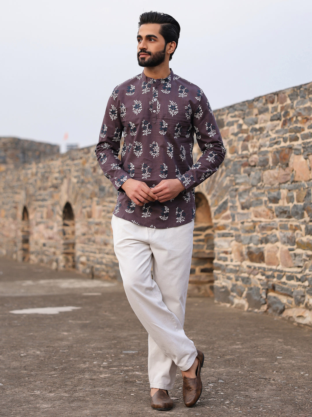 Men's Ethnic Motifs Pure Cotton Dark Grey Printed Kurta