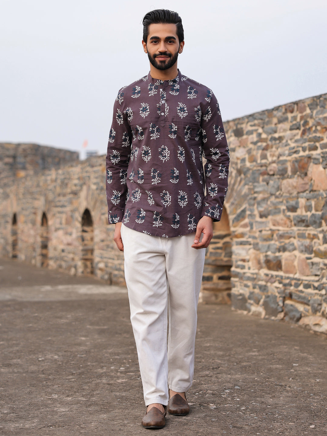 Men's Ethnic Motifs Pure Cotton Dark Grey Printed Kurta