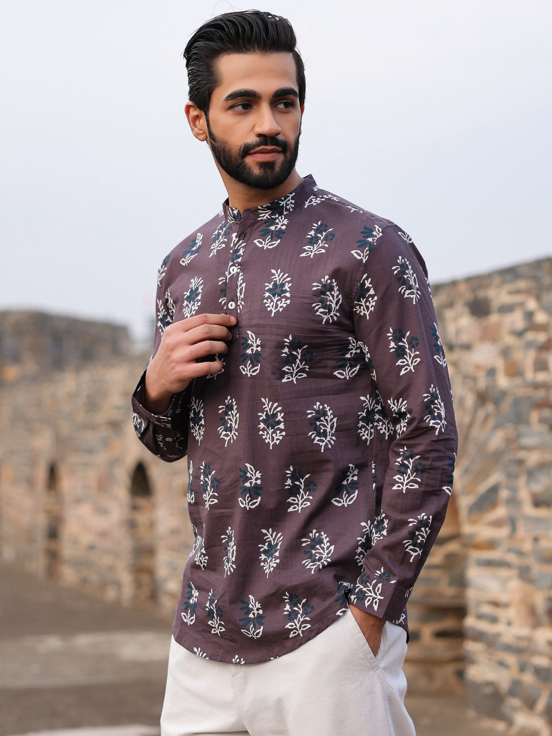 Men's Ethnic Motifs Pure Cotton Dark Grey Printed Kurta