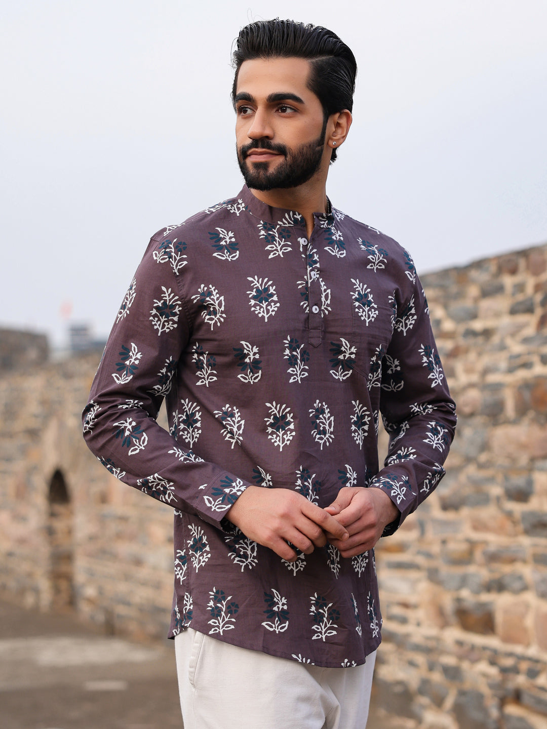 Men's Ethnic Motifs Pure Cotton Dark Grey Printed Kurta