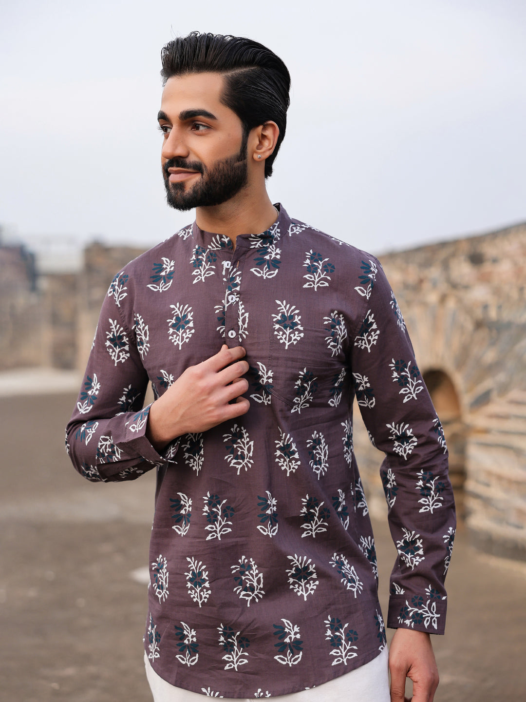 Men's Ethnic Motifs Pure Cotton Dark Grey Printed Kurta