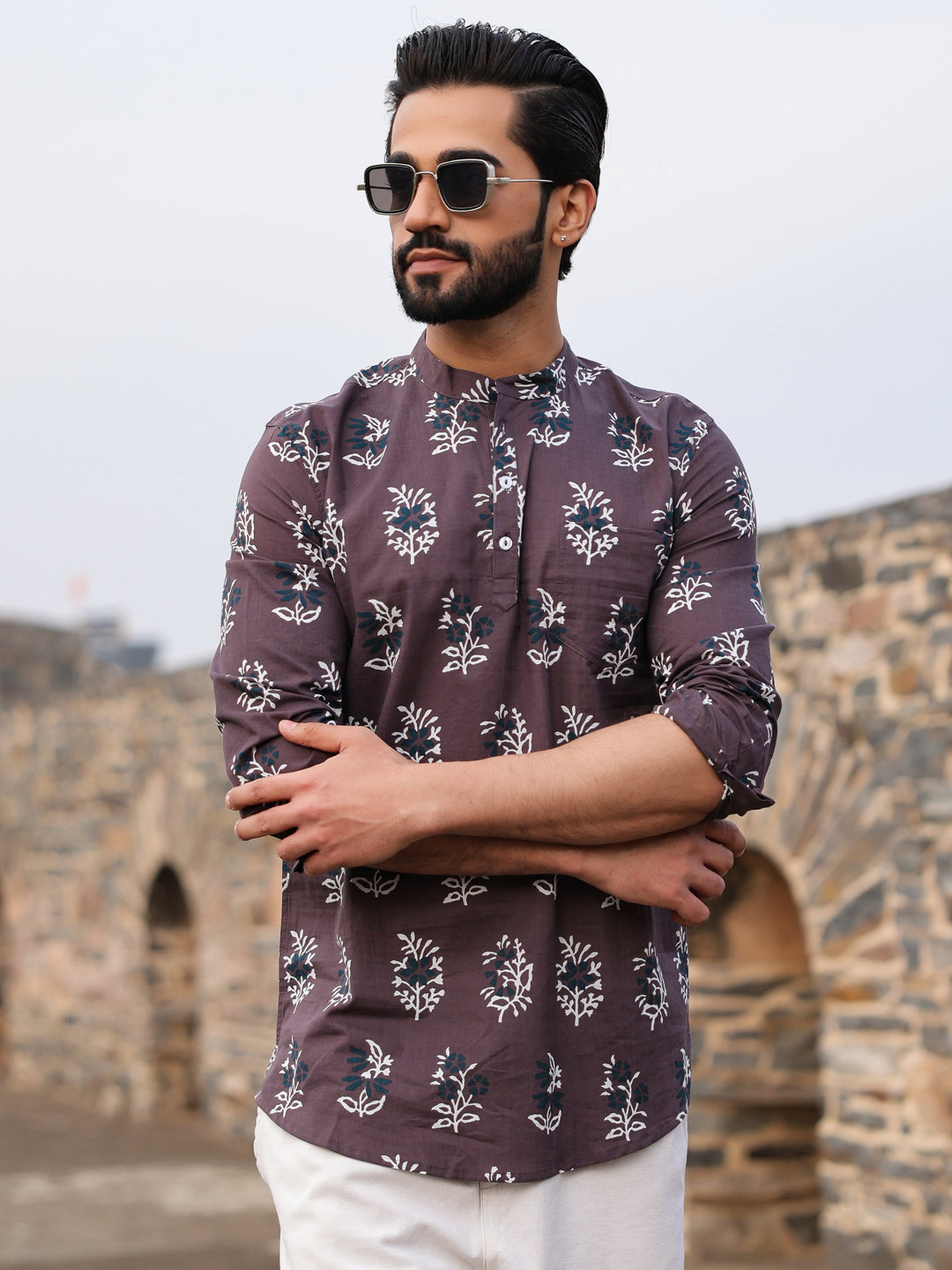 Men's Ethnic Motifs Pure Cotton Dark Grey Printed Kurta