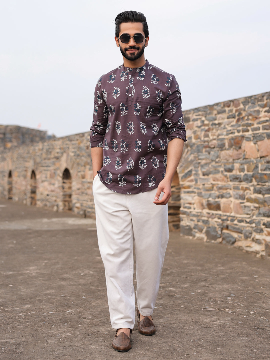 Men's Ethnic Motifs Pure Cotton Dark Grey Printed Kurta