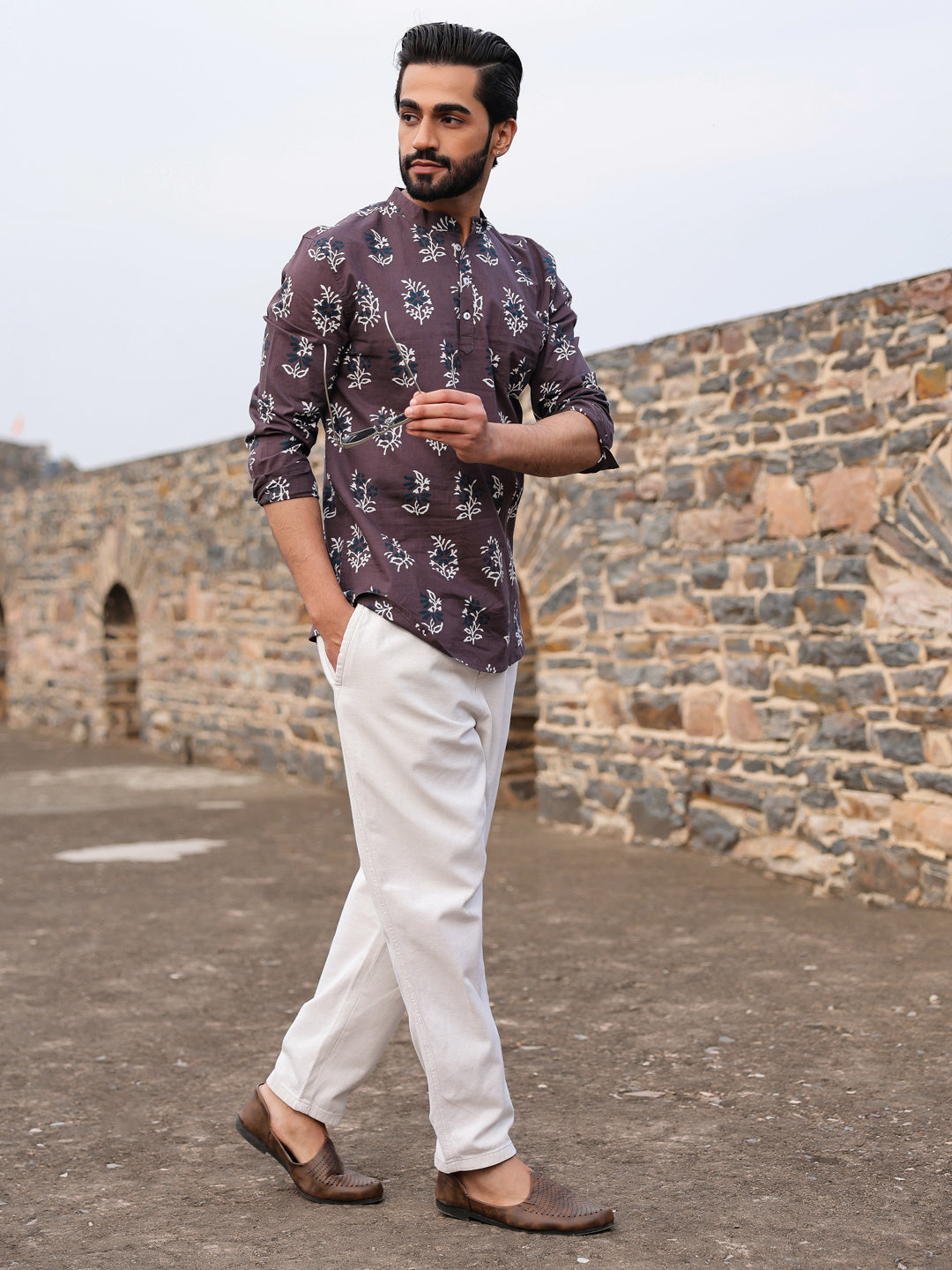 Men's Ethnic Motifs Pure Cotton Dark Grey Printed Kurta