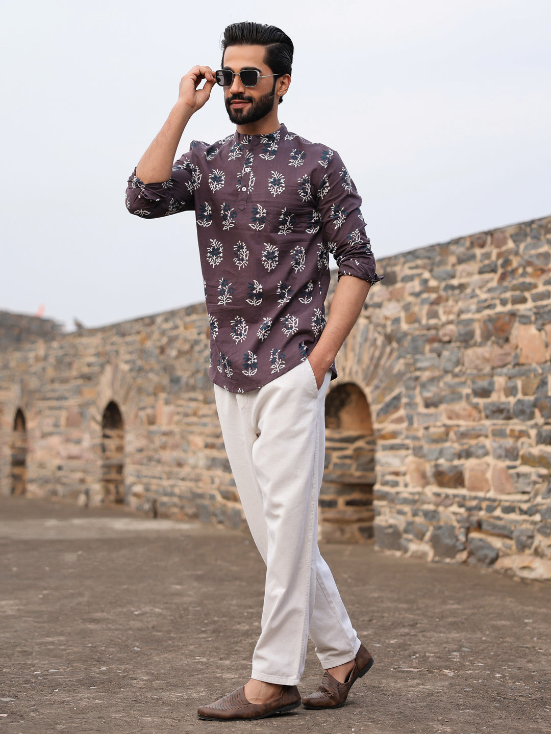 Men's Ethnic Motifs Pure Cotton Dark Grey Printed Kurta