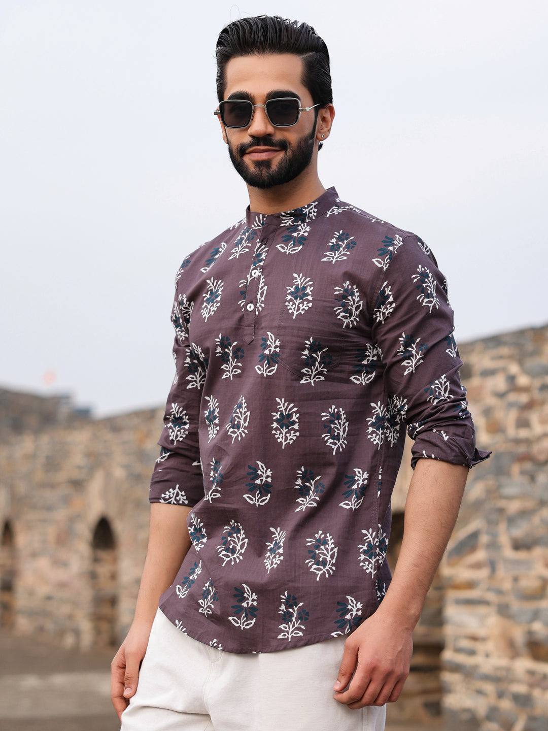 Men's Ethnic Motifs Pure Cotton Dark Grey Printed Kurta