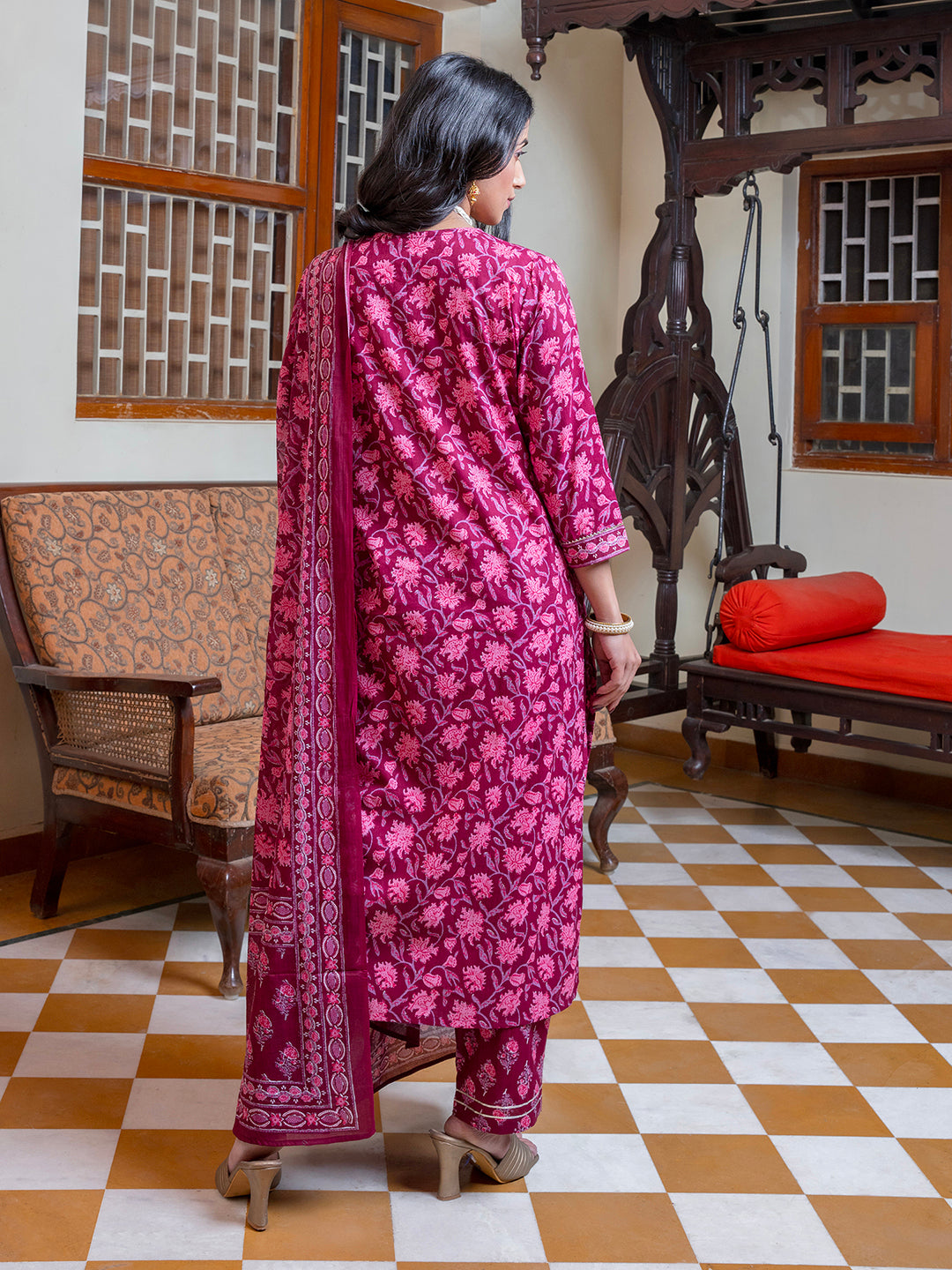 Women set of Pure Cotton 3 pcs Maroon Colour Straight Printed Kurta Sets