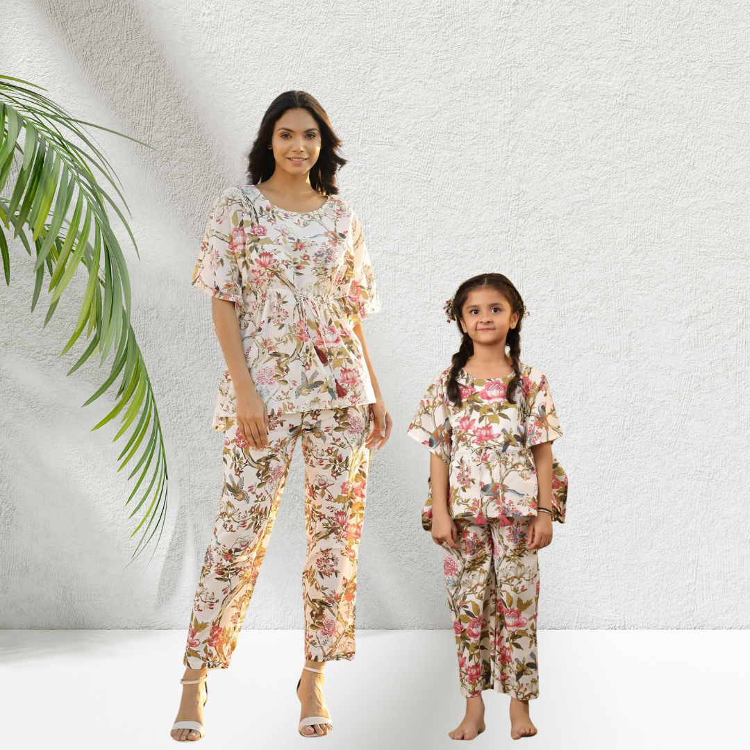 Mother Daughter White Floral Kaftan Set Combo