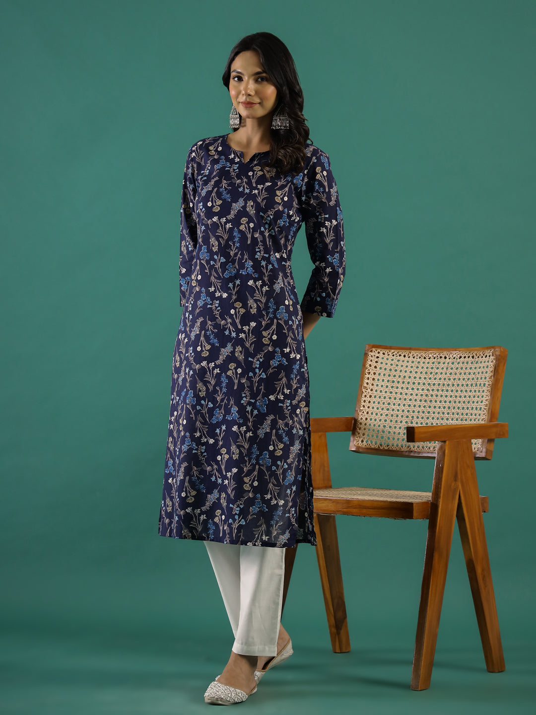 Navy Blue Floral Printed Kurta for Women