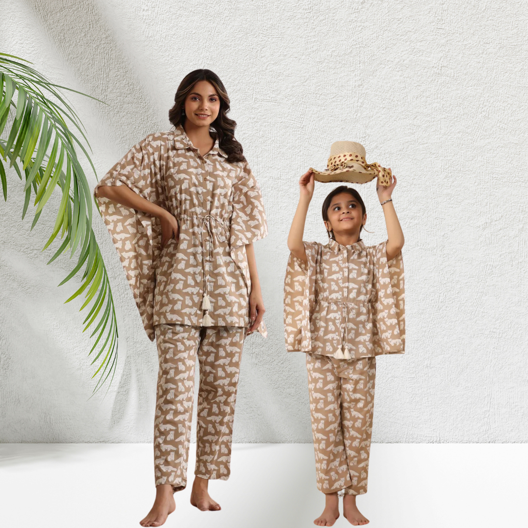 Mother Daughter Brown cat kaftan set combo