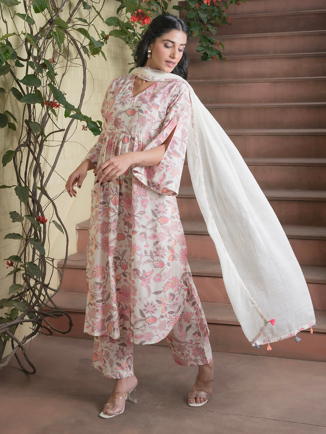 Floral Printed V-Neck Cotton Kurta Set