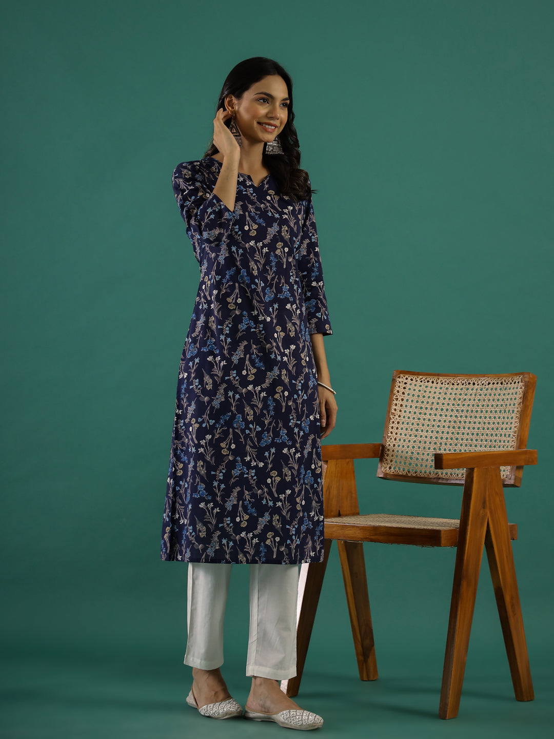 Navy Blue Floral Printed Kurta for Women