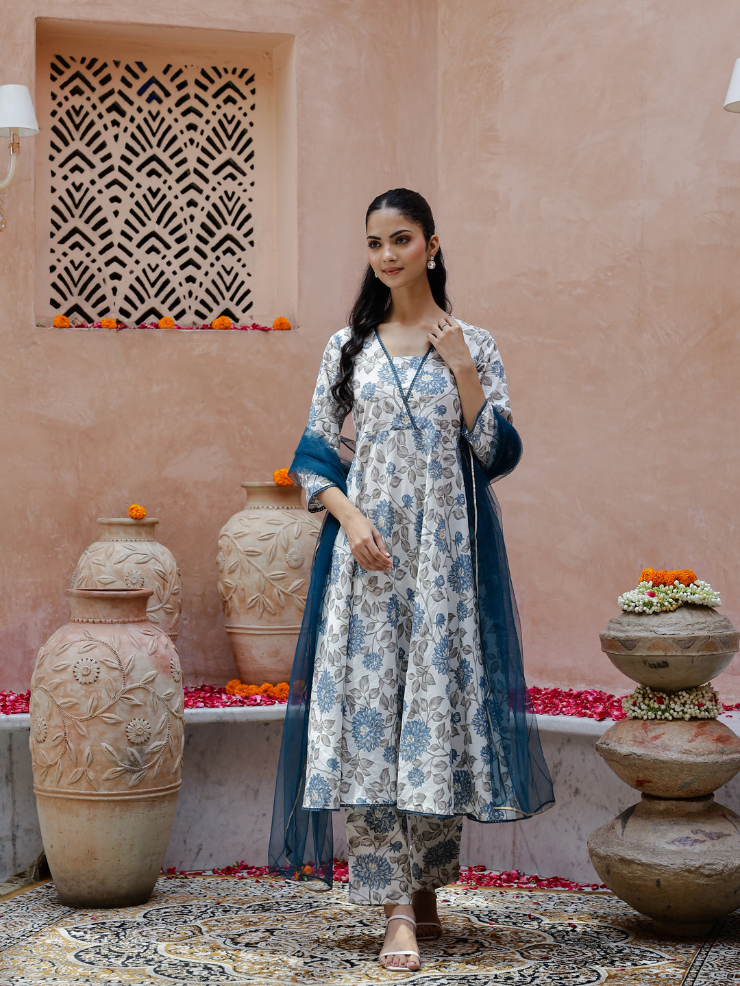 Flower Printed Cotton Kurta with Dupatta