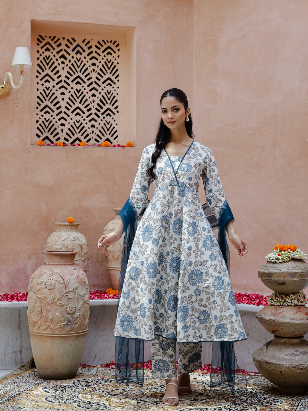 Flower Printed Cotton Kurta with Dupatta