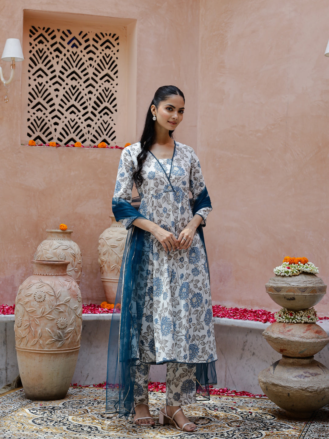 Flower Printed Cotton Kurta with Dupatta