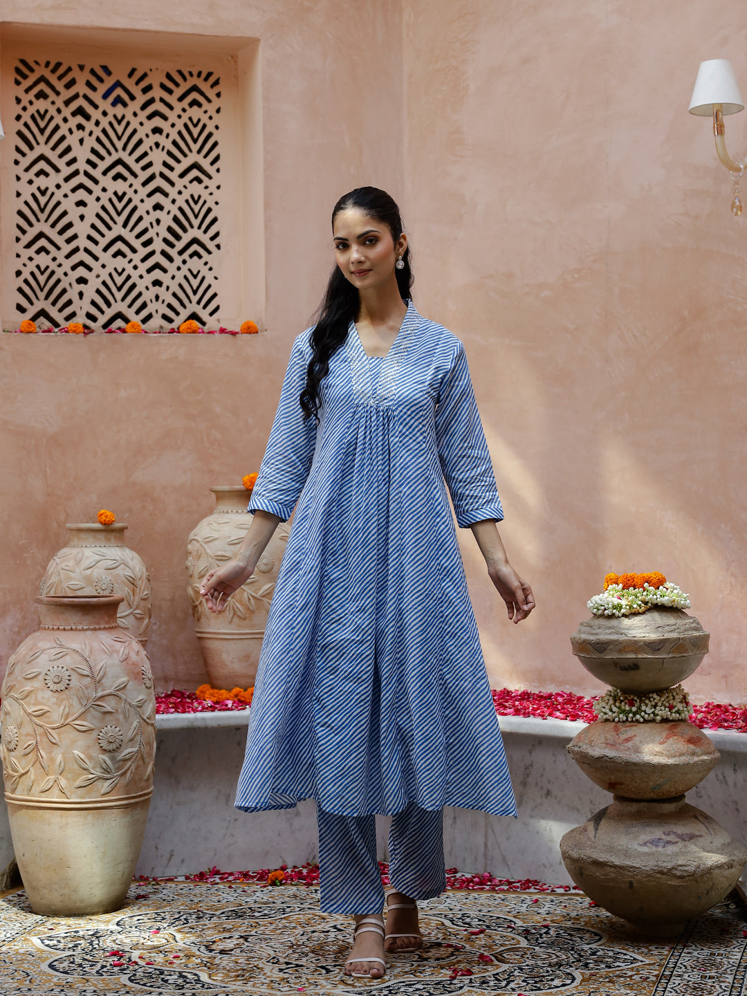 Blue Striped Printed V-Neck Cotton Kurta Set