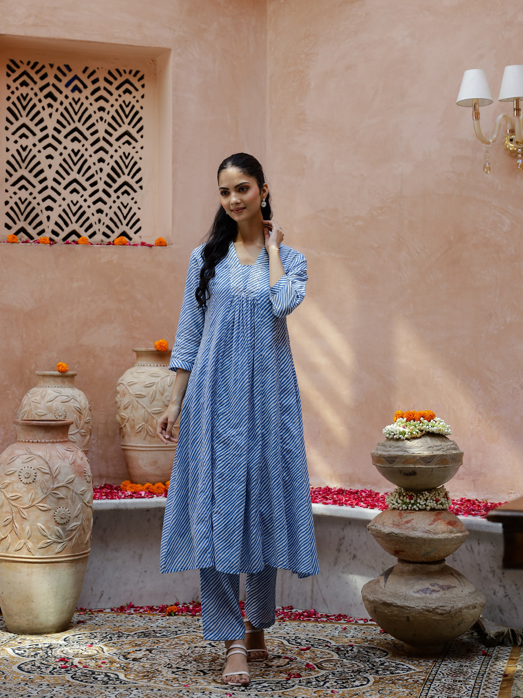 Blue Striped Printed V-Neck Cotton Kurta Set