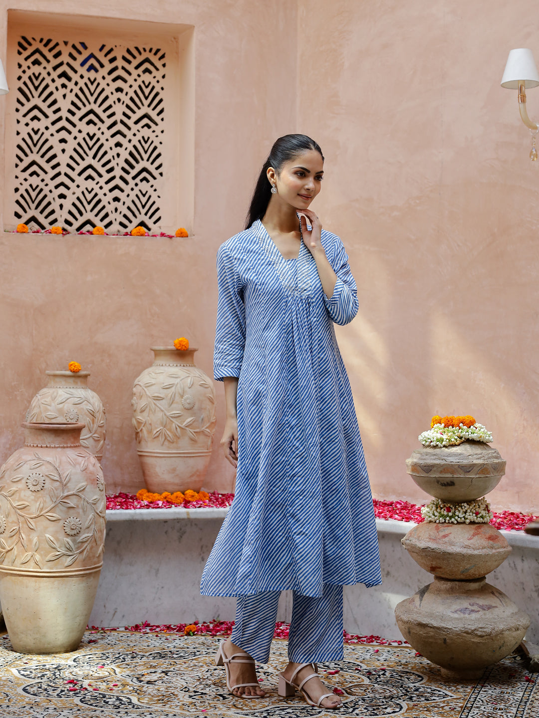 Blue Striped Printed V-Neck Cotton Kurta Set