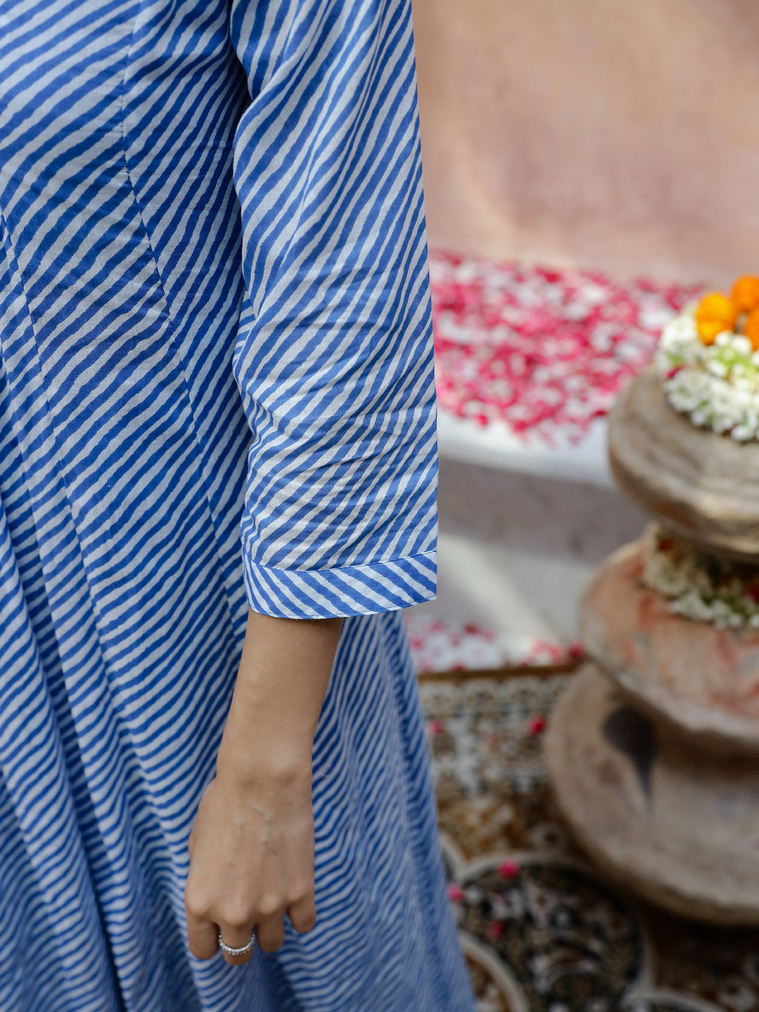 Blue Striped Printed V-Neck Cotton Kurta Set