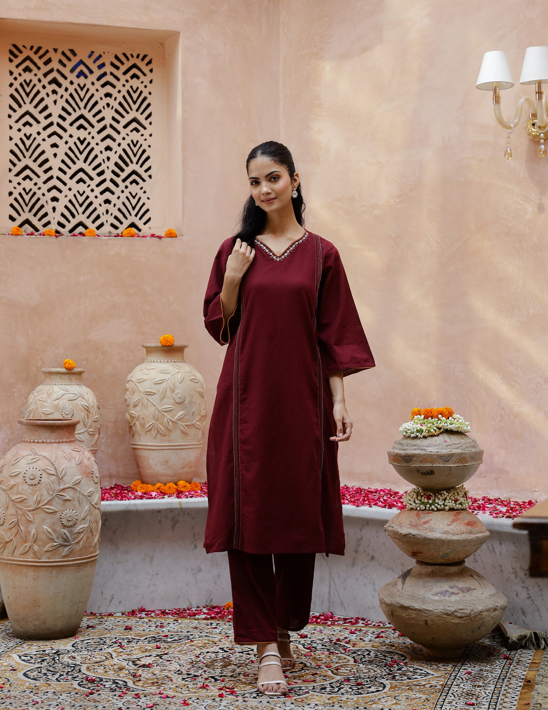 V-Neck Cotton Maroon Kurta Set for Women