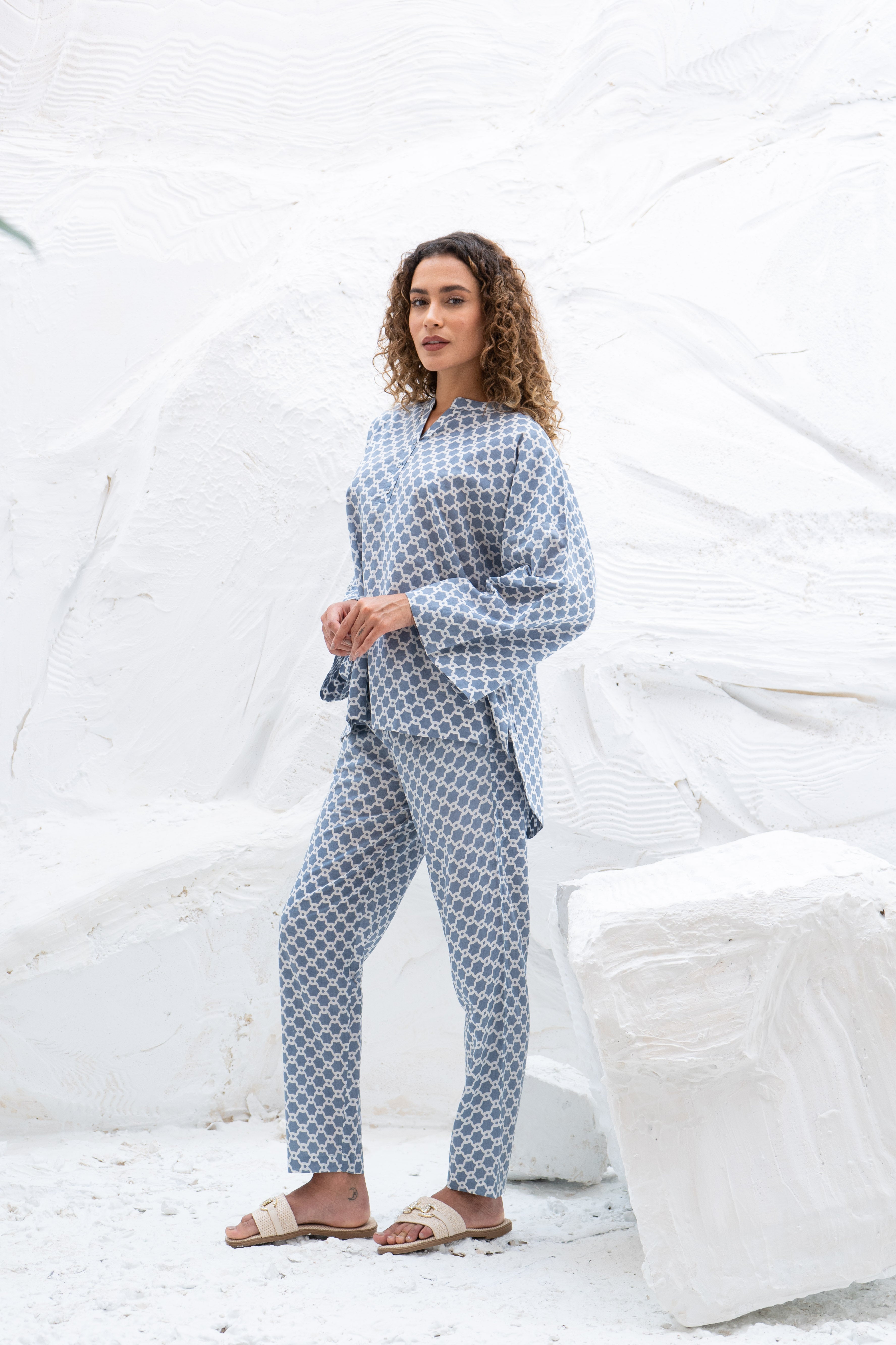 Blue Printed Cotton Night Suit Set