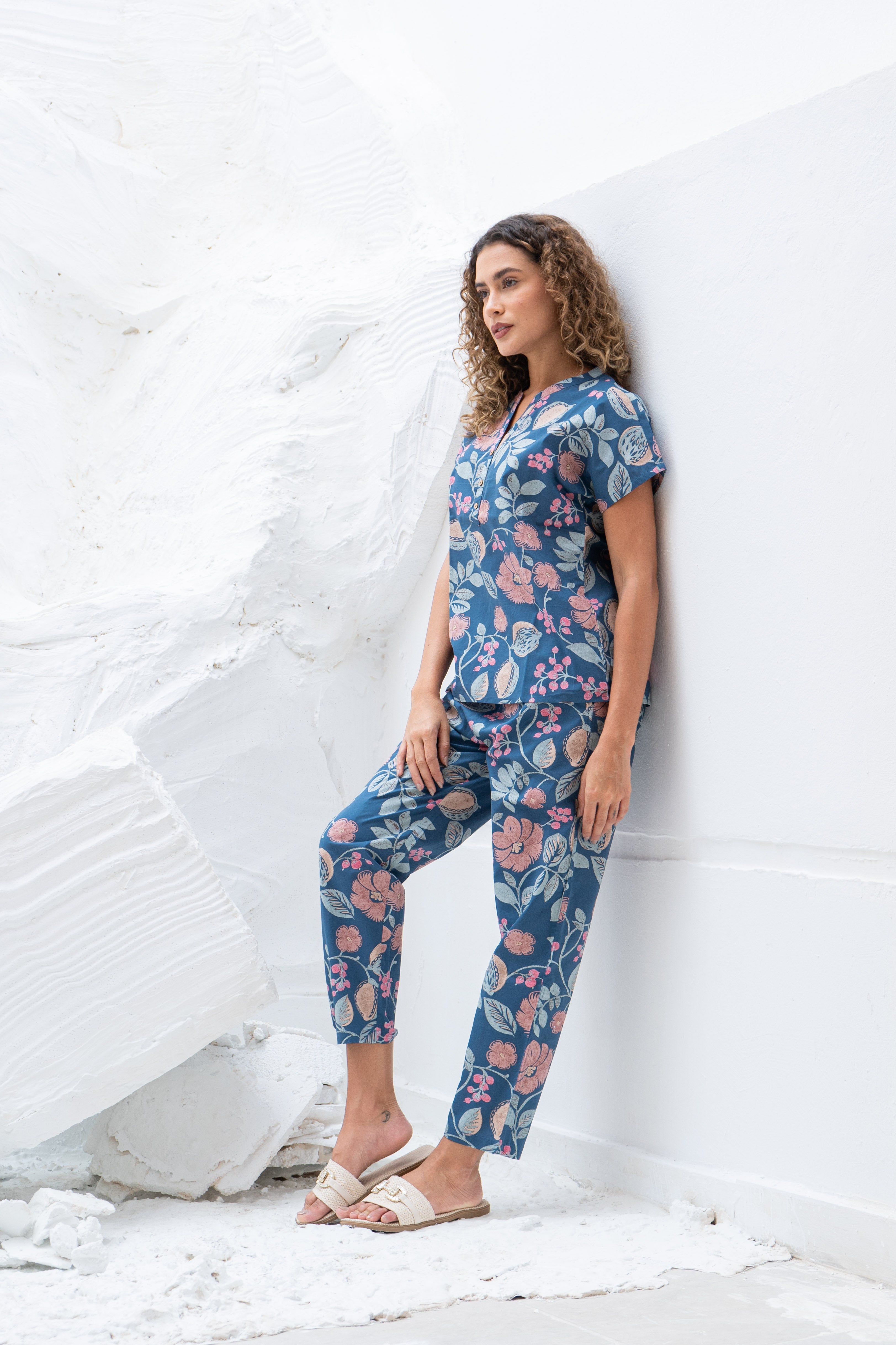 Blue Floral Printed Cotton Night Suit Set