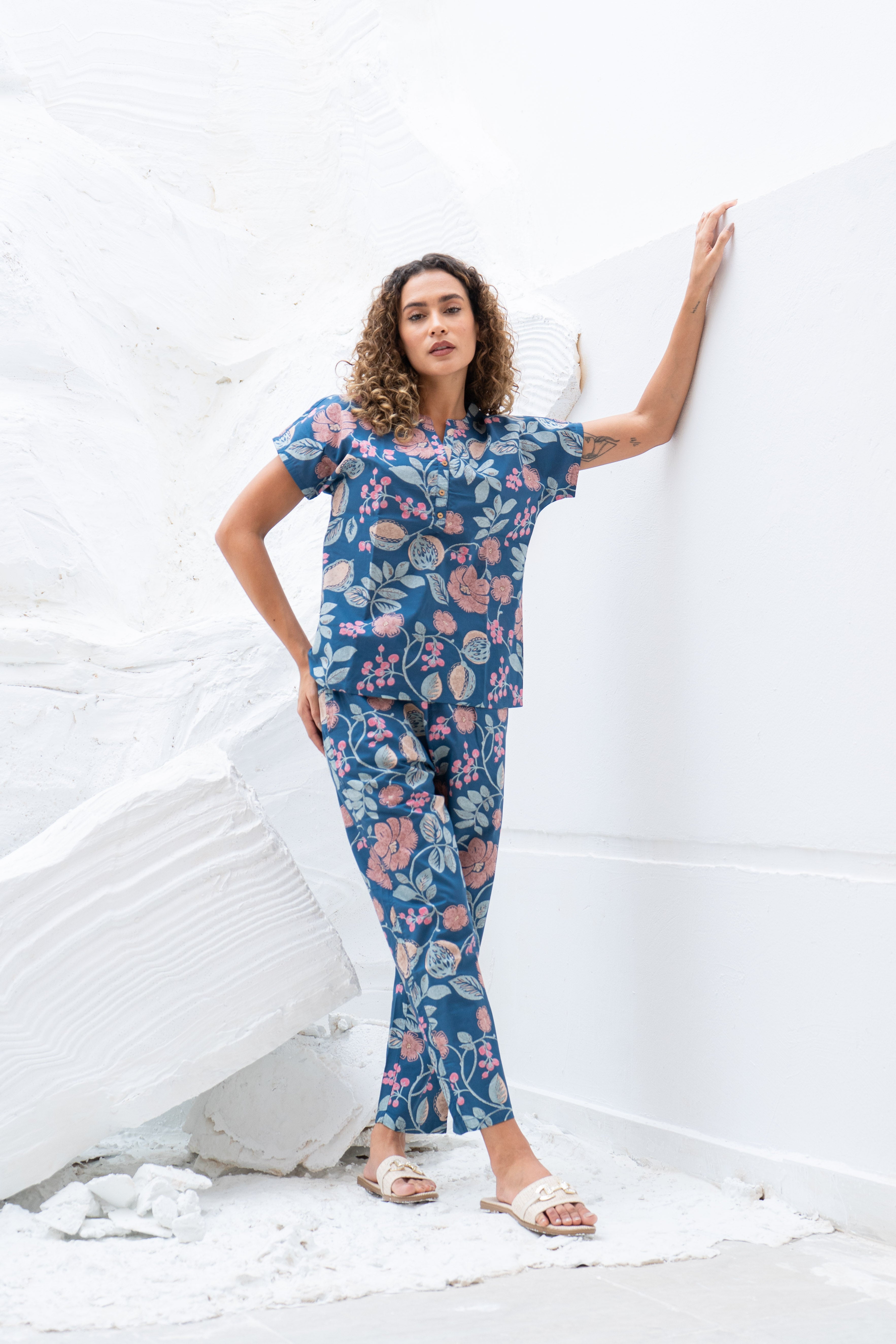 Blue Floral Printed Cotton Night Suit Set