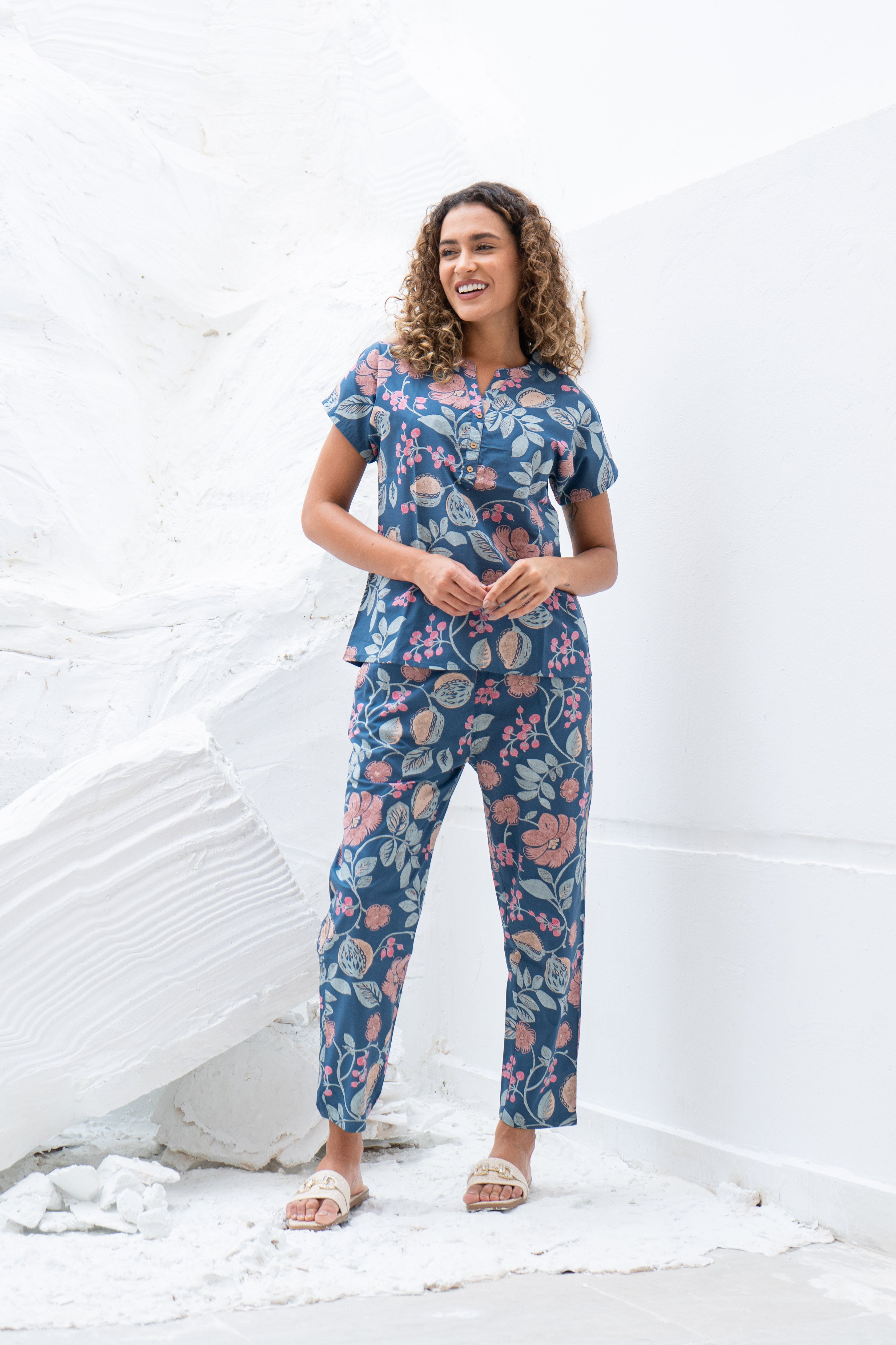 Blue Floral Printed Cotton Night Suit Set