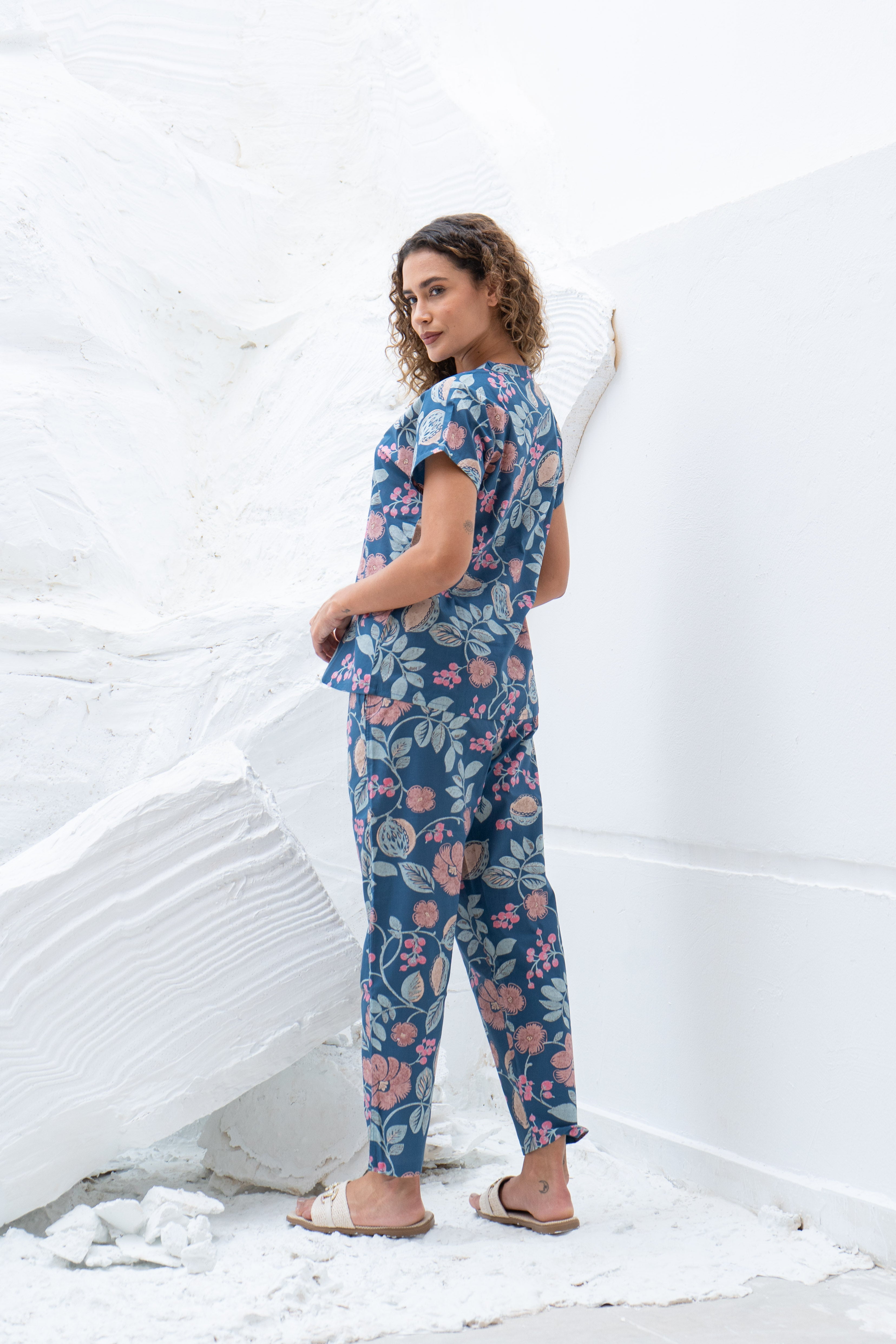 Blue Floral Printed Cotton Night Suit Set