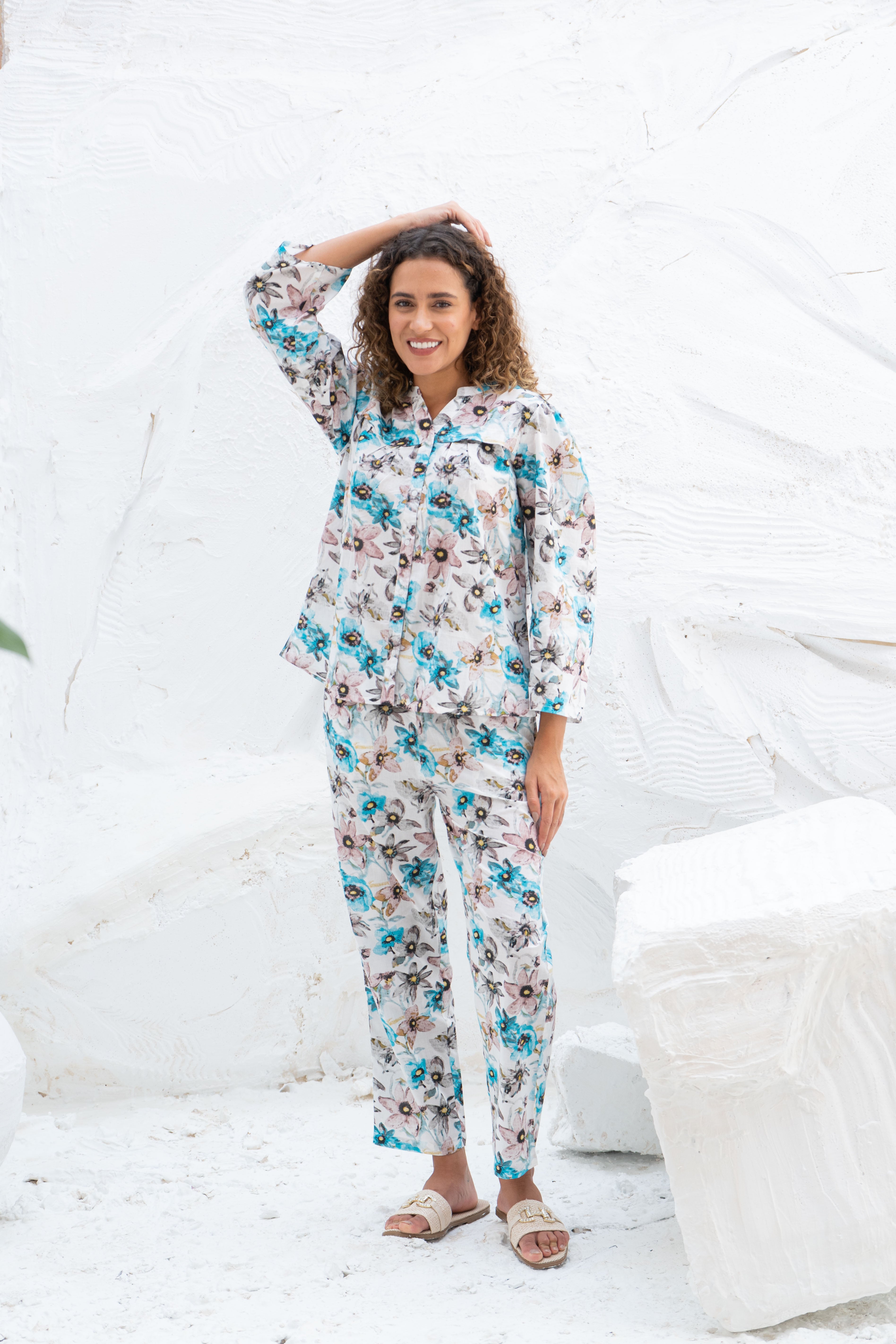 White Flower Printed Cotton Night Suit Set